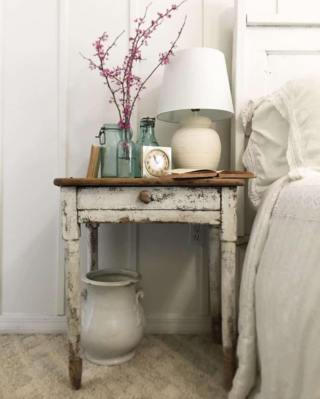 Distressed Wood Nightstand with Pink Flower Branches Soul & Lane