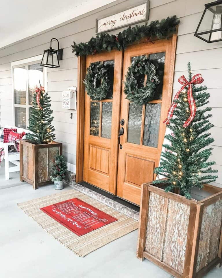Double Front Door With Winter Decorations