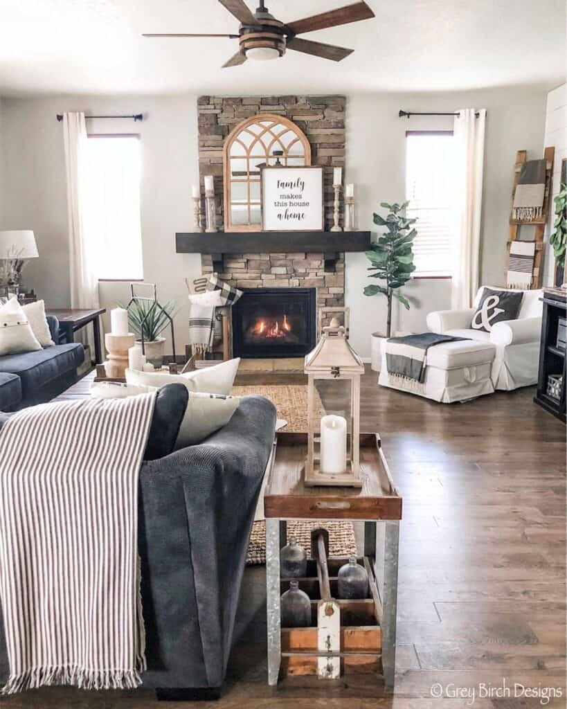 Dry Stack Fireplace with Gray and White Décor