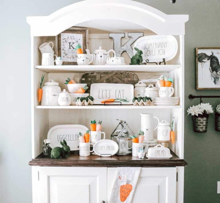 Easter Décor Showcased in White Hutch