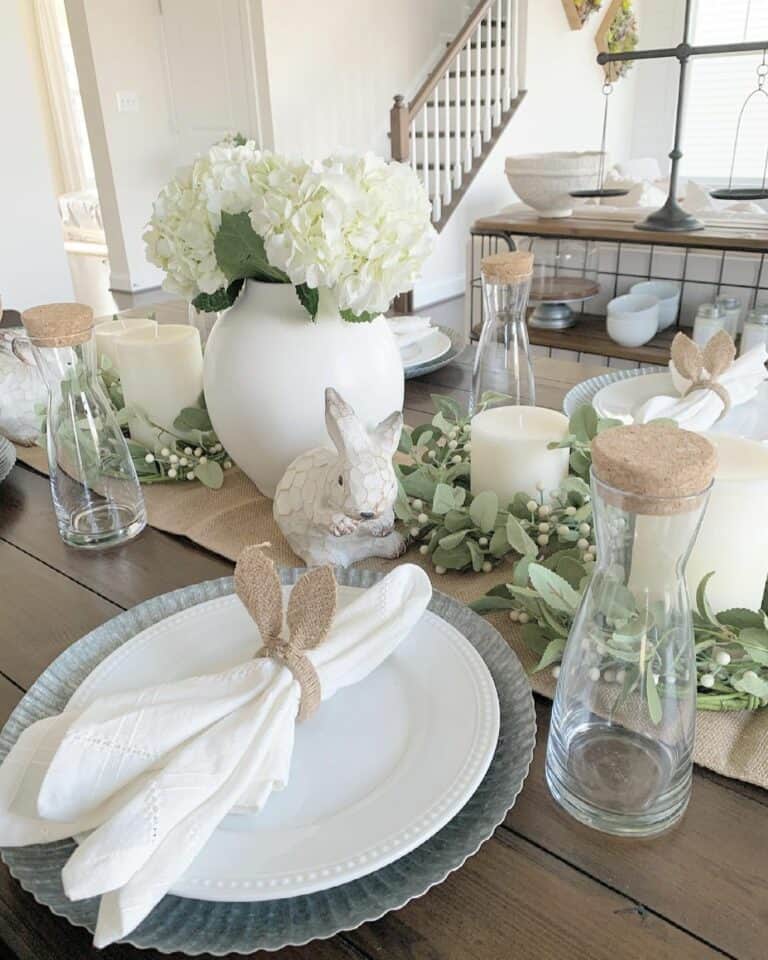 Easter Table Display on Burlap Runner