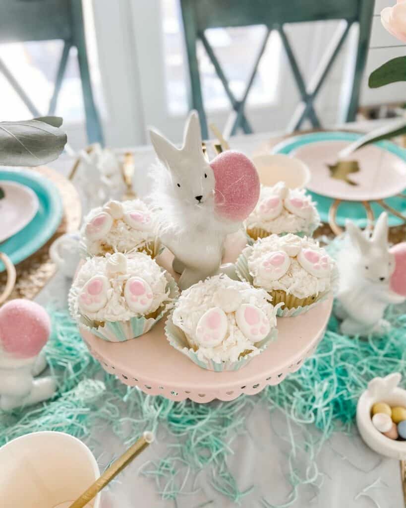Easter Tablescape with Pink Eggs on White Bunnies