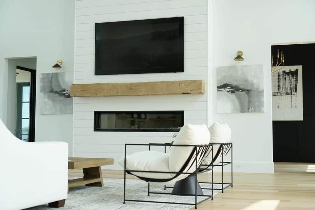 Electric Fireplace with a Raw Wood Mantel