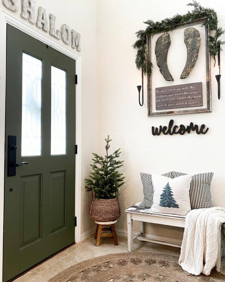 Entryway with Wood Bench and Christmas Tree Décor