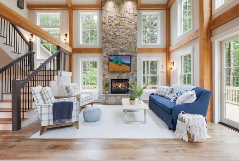 Exposed Stone Fireplace with Artwork
