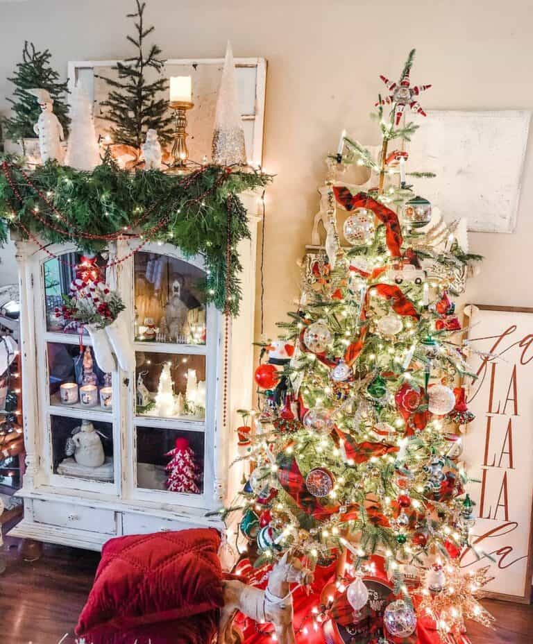 Farmhouse Christmas Tree Decorations and White Hutch