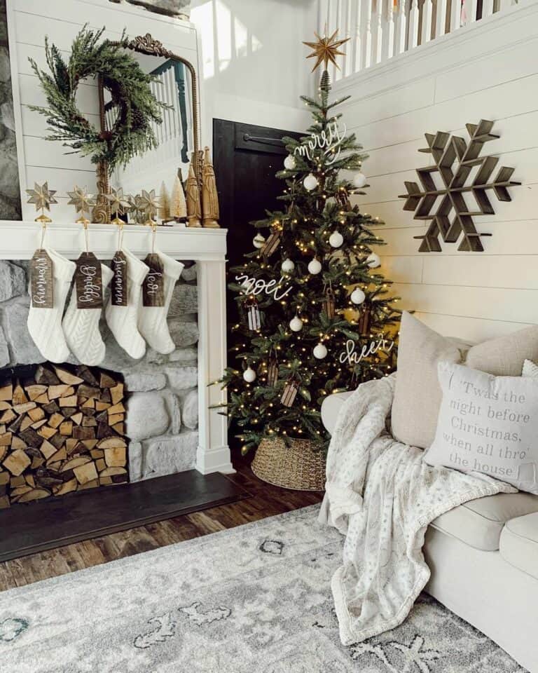 Farmhouse Christmas Tree with White Ornaments