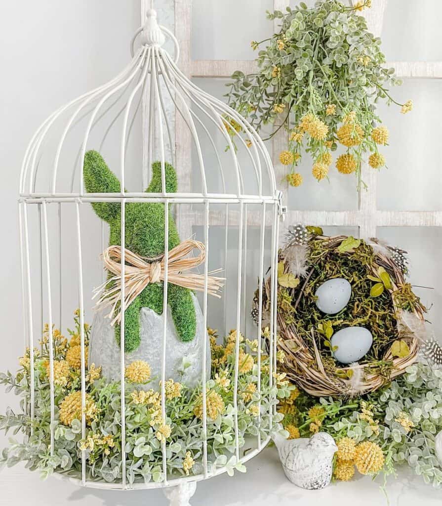 Farmhouse Easter Décor Displayed in Bird Cage