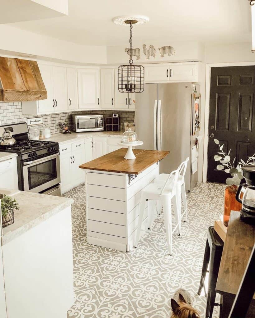 Farmhouse Kitchen with Subway Tile and Patterned Flooring