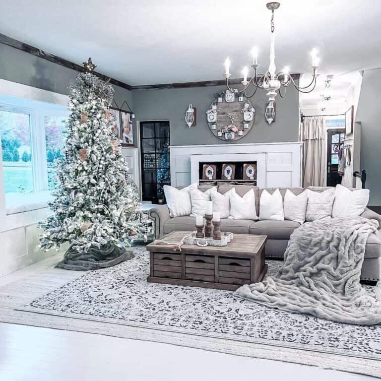 Farmhouse Living Room with Flocked Tree