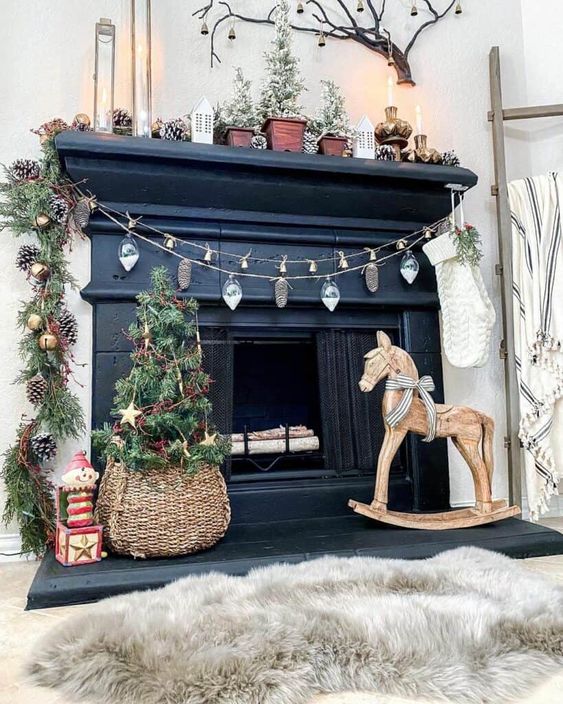 Farmhouse Mantel Décor and Black Fireplace
