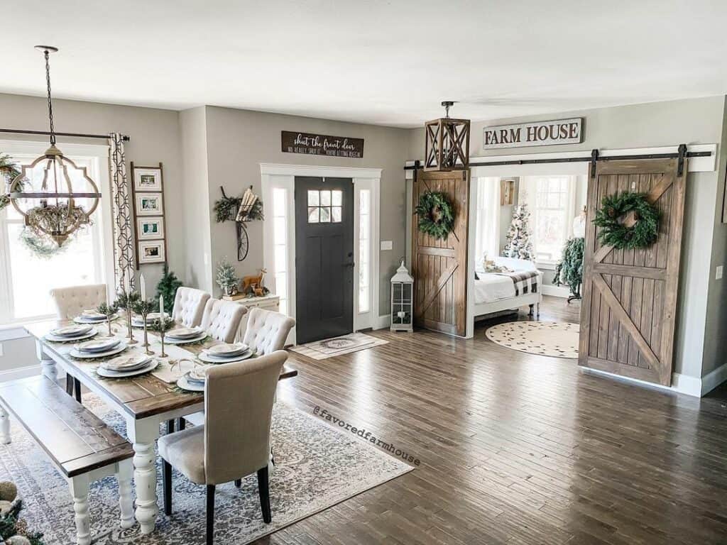 Farmhouse Sliding Barn Doors with Wreaths