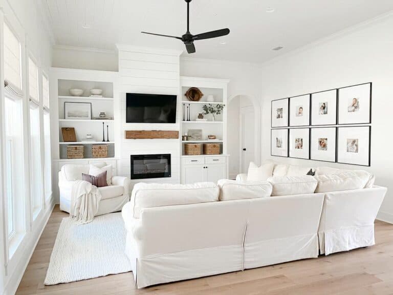 Faux Fireplace Shiplap Wall in White Living Room