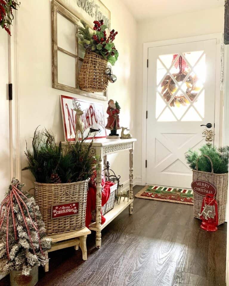 Festive Entryway with a Farmhouse Front Door