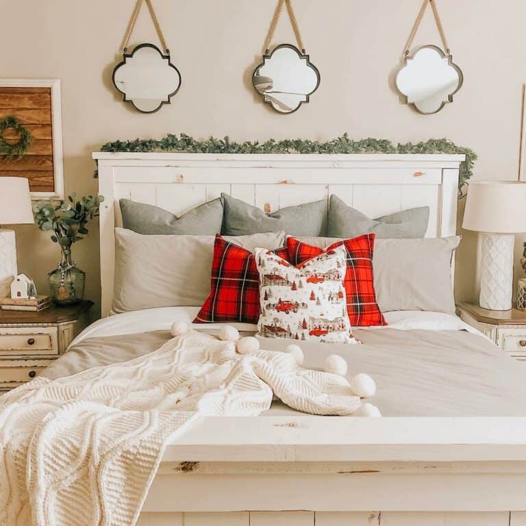 Festive Red Pillows on Light Gray Bedding