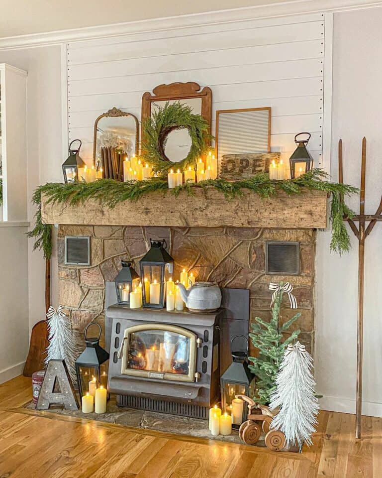 Fir Garland and Golden Candle Mantel Décor