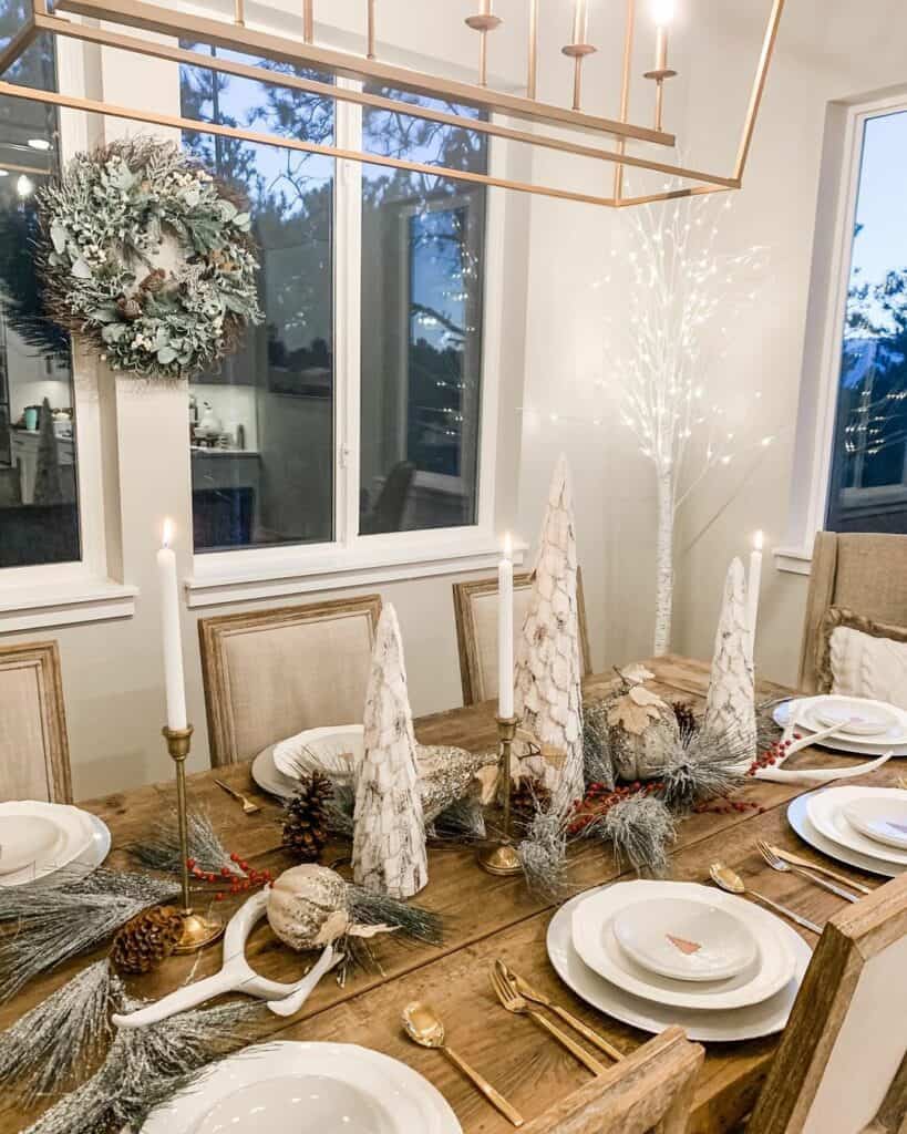 Fir Sprigs and Textured White Trees Tablescape