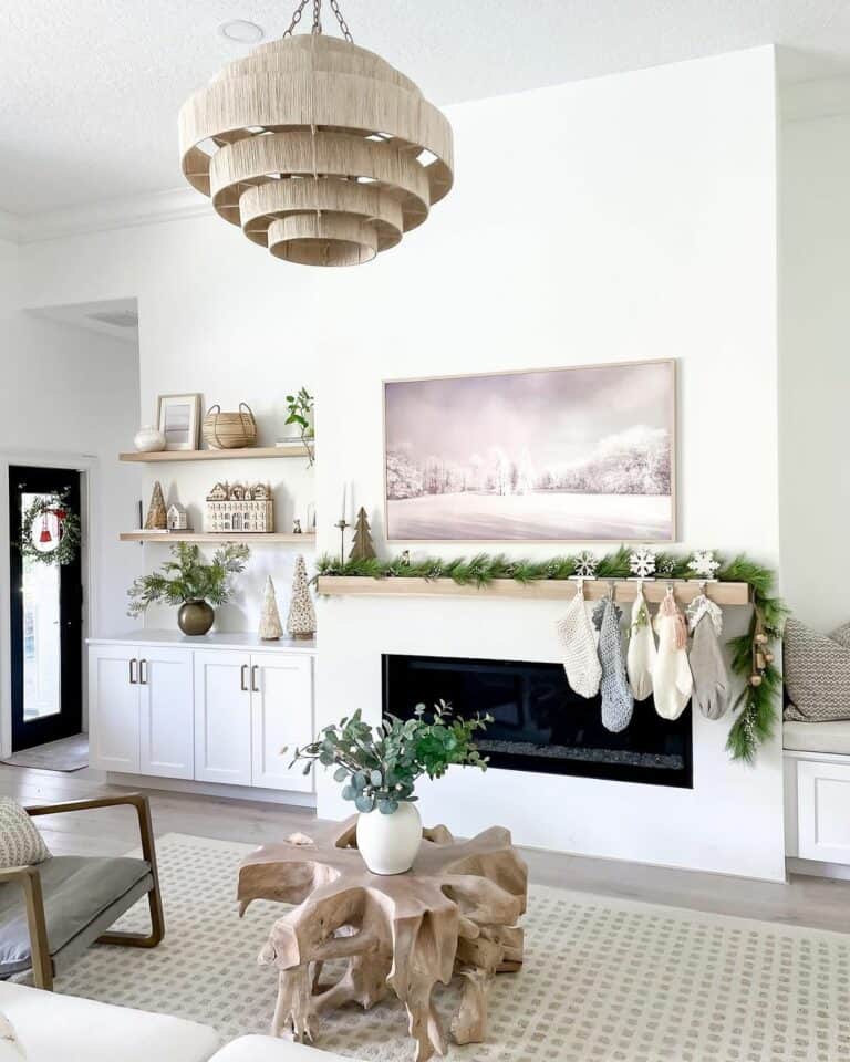 Fireplace in Neutral Art-Inspired Living Room