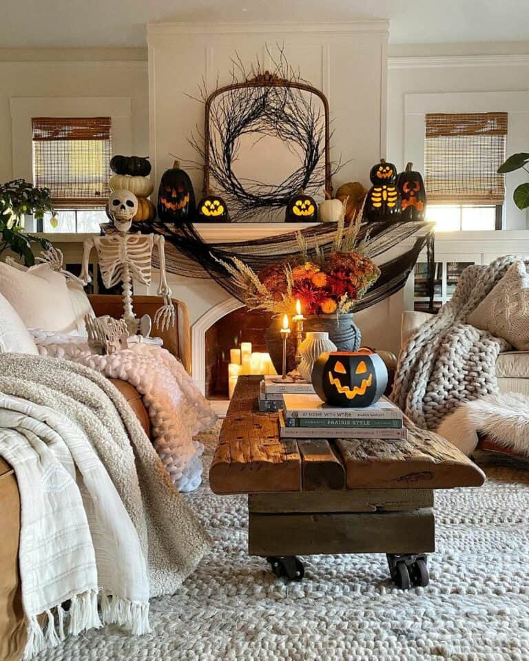 Fireplace with Black Halloween Pumpkin Decor