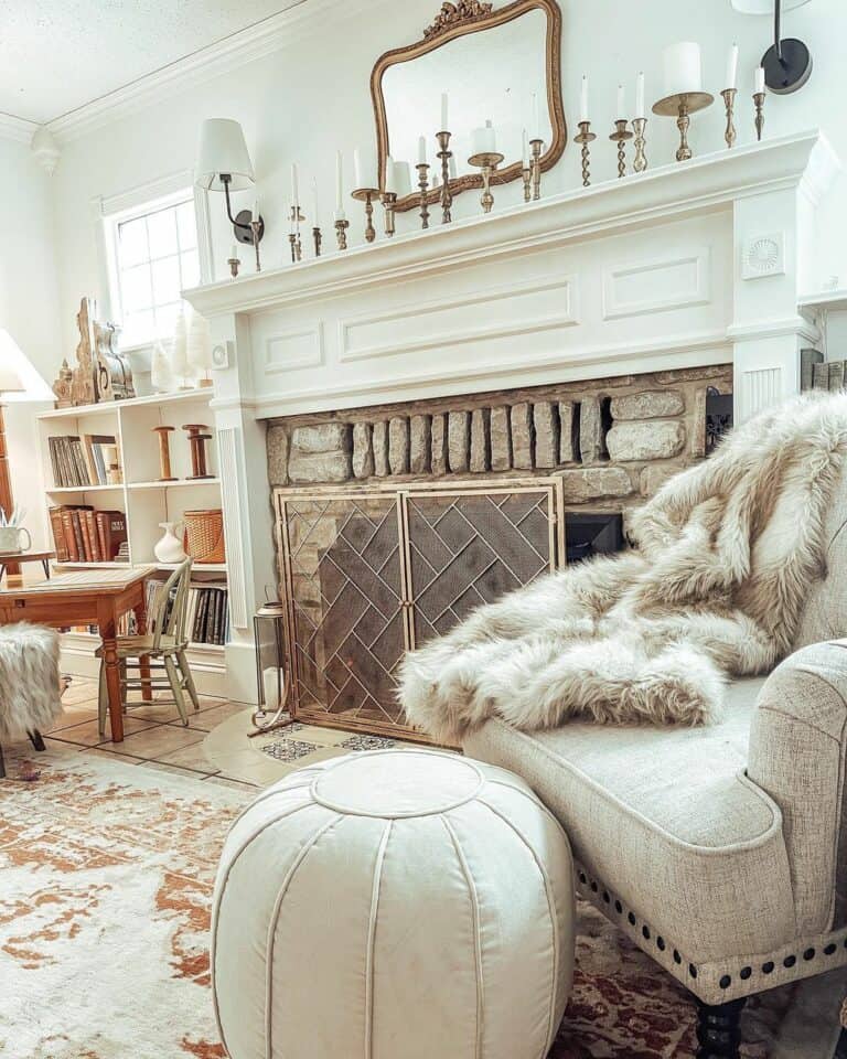 Fireplace with Vintage Candlesticks and Fur Throws