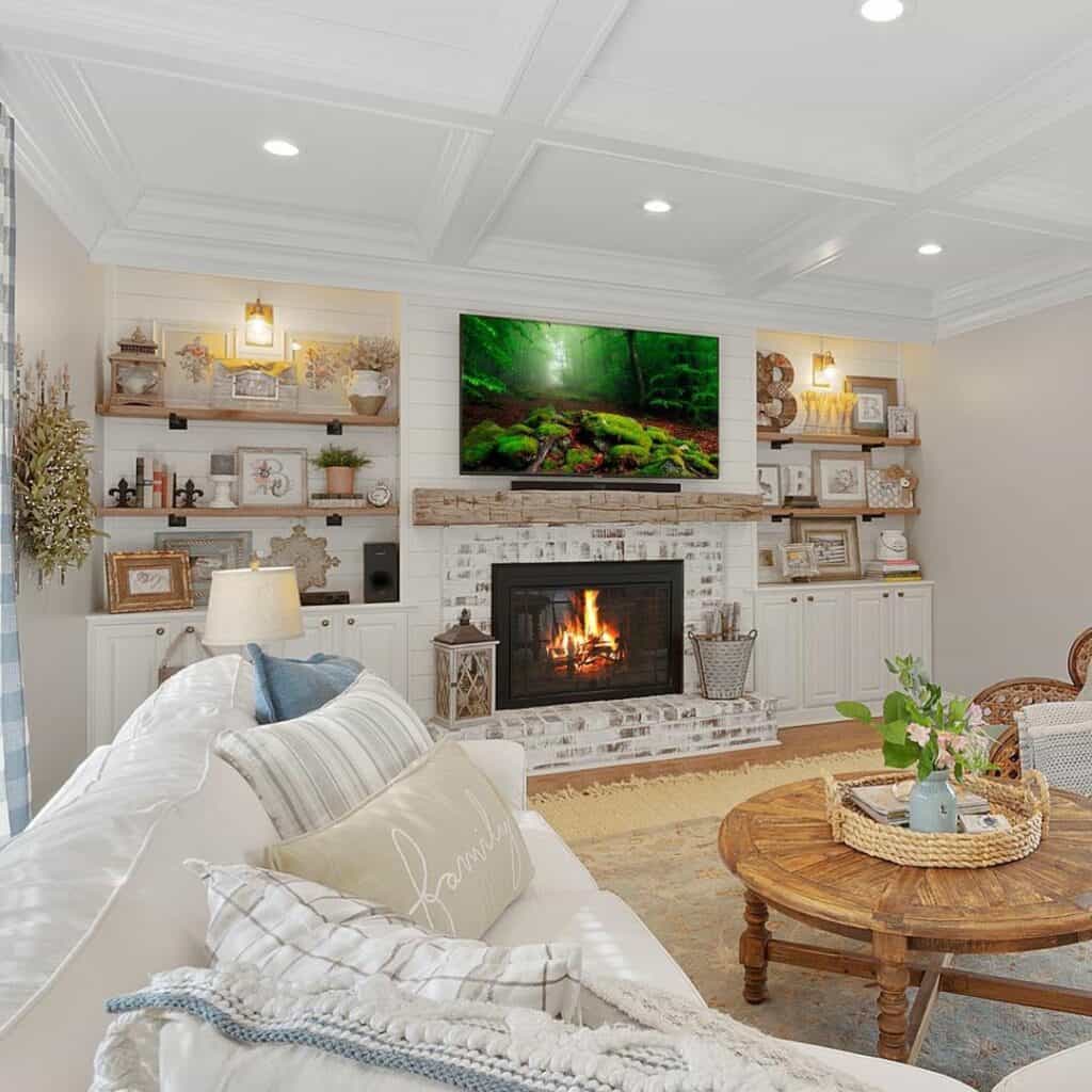 Floating Shelves Around Brick Fireplace