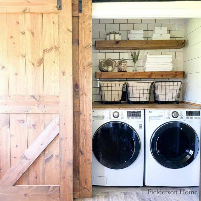 Floating Shelves in Compact Laundry Room