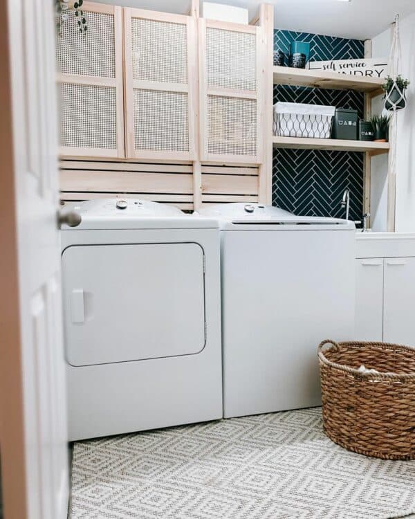 Floating Shelves on a Black Herringbone Backsplash Soul & Lane