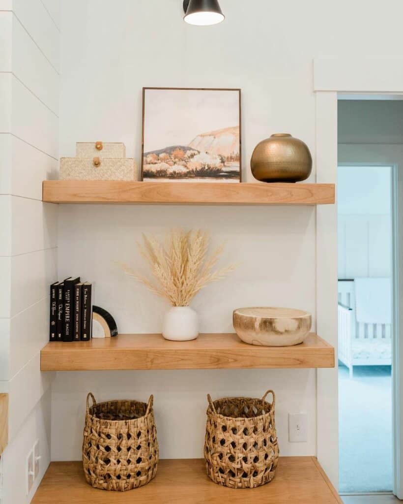 Floating Shelves with a White Vase