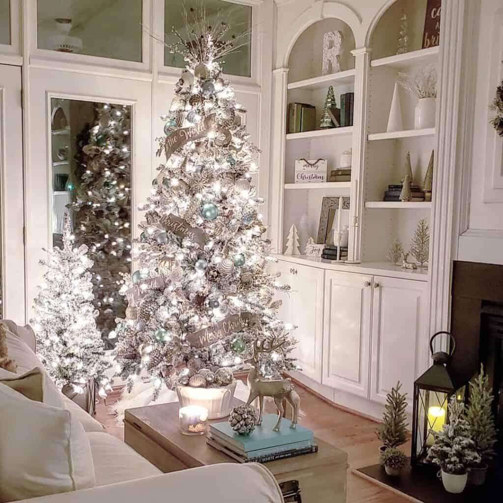Flocked Christmas Tree with Blue and Gray Ornaments