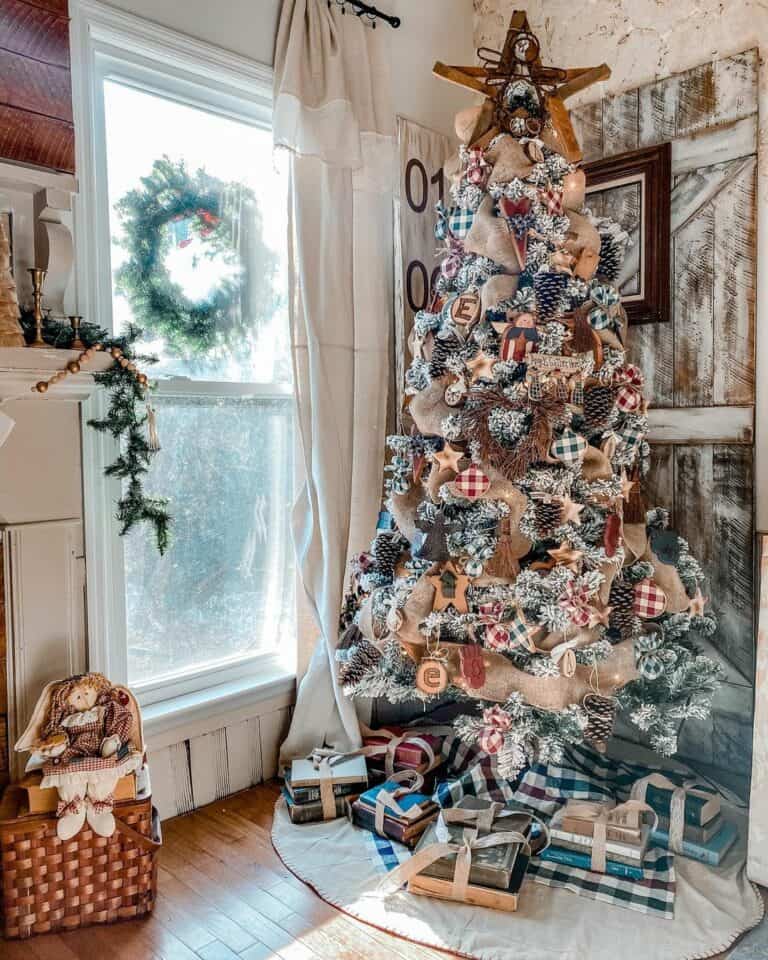 Flocked Christmas Tree with Plaid Ornaments