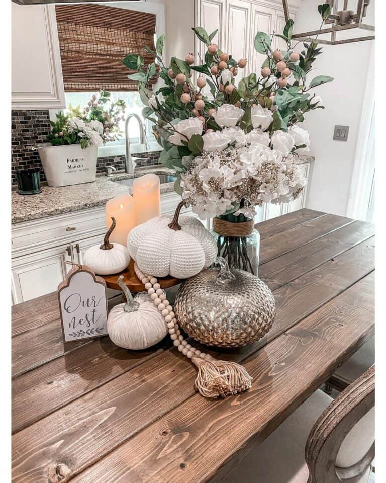 Floral Centerpiece with White and Silver Pumpkins