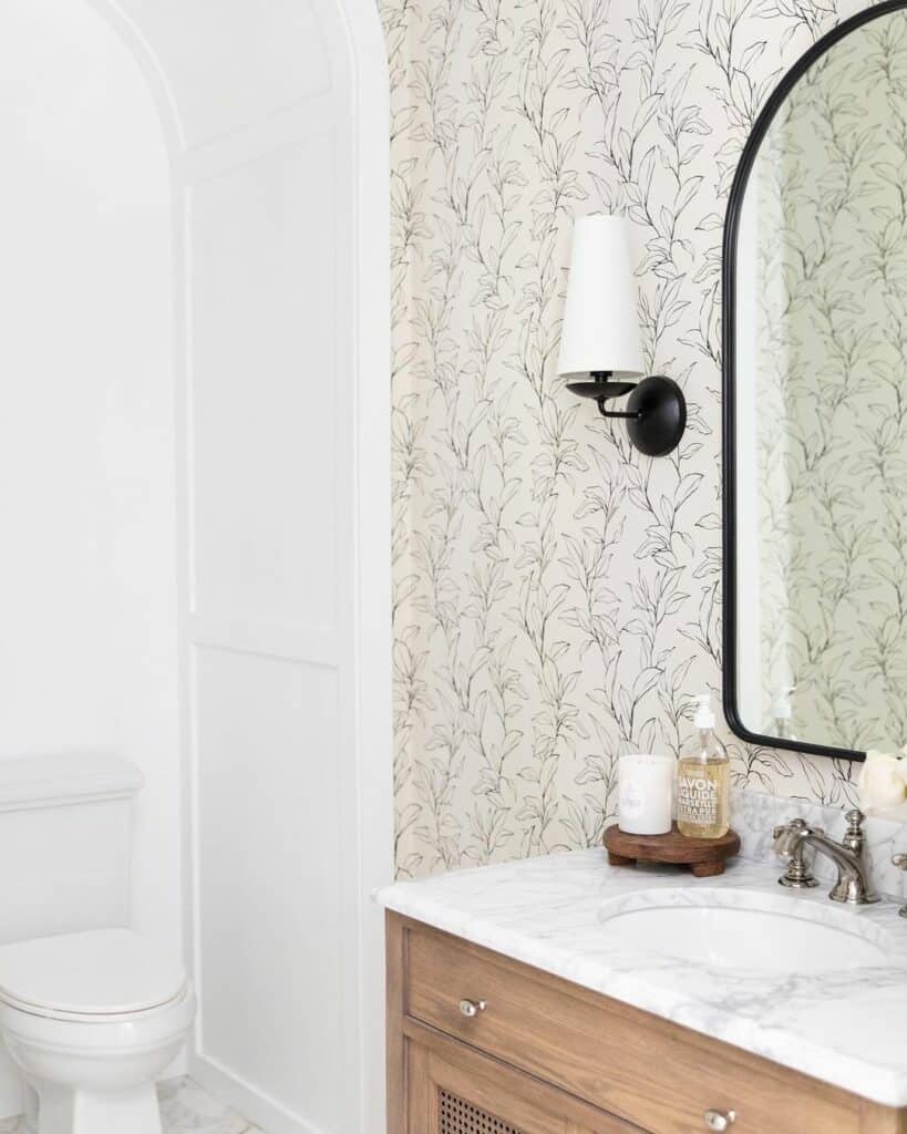 Floral Wallpaper Accents a Neutral Small Bathroom