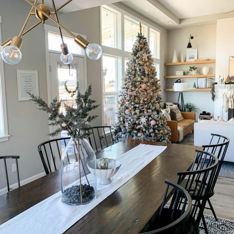 Frosted Farmhouse Christmas Tree with Light Pink Ornaments