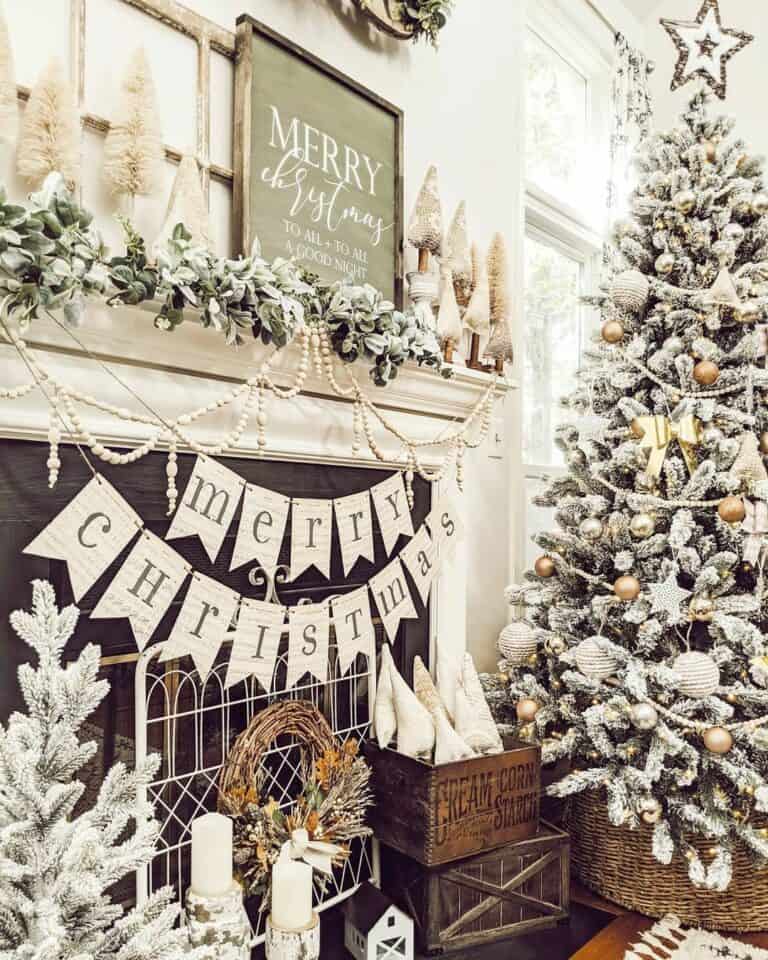 Frosty Fireplace With Neutral Ornaments