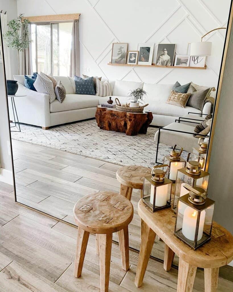 Full-Length Mirror Reflects Living Room