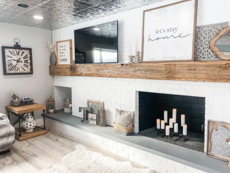 Full Wall Width Painted White Brick Fireplace