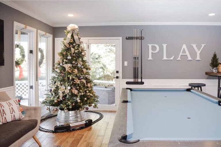 Game Room Christmas Tree with Silver Metal Skirt