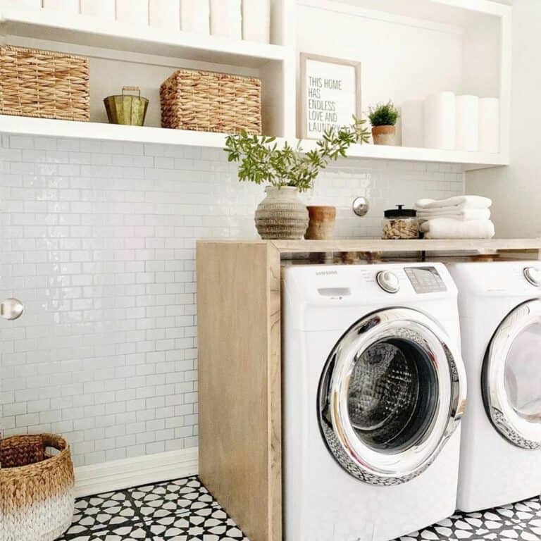 Geometric Tiled Floor and a White Subway Tile Wall