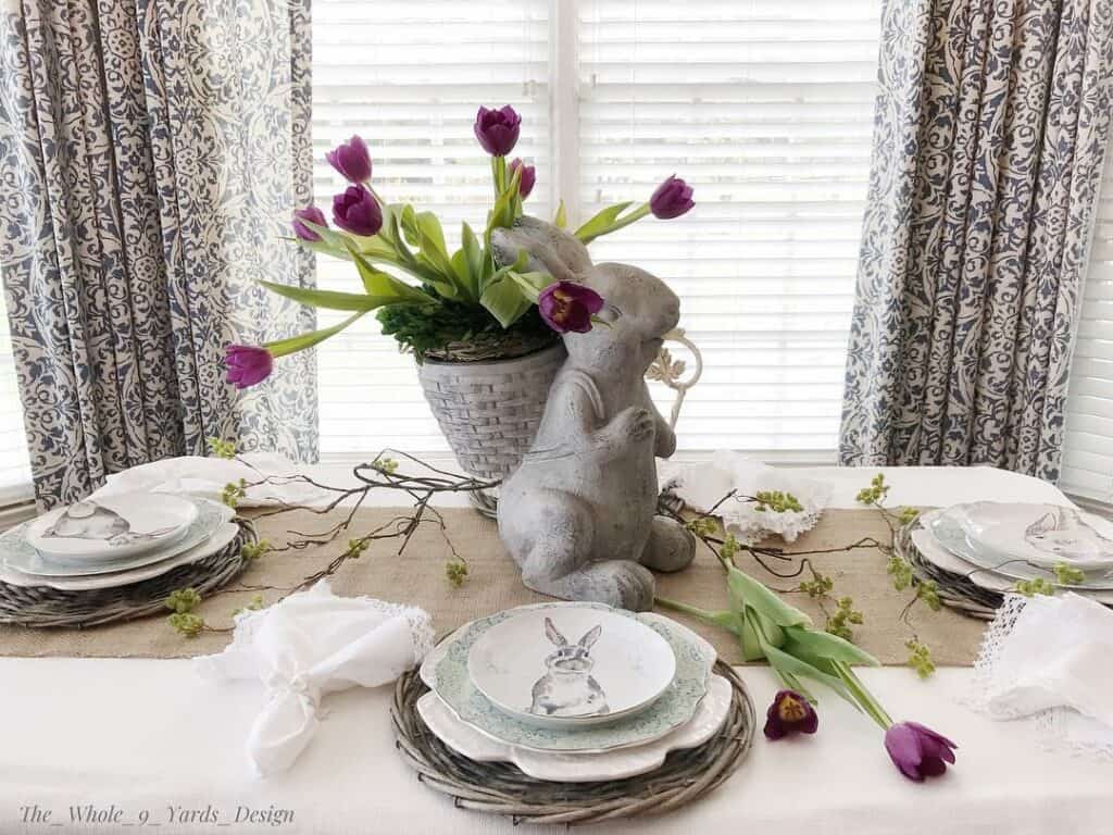 Giant White Rabbit and Purple Tulips Tablescape - Soul & Lane