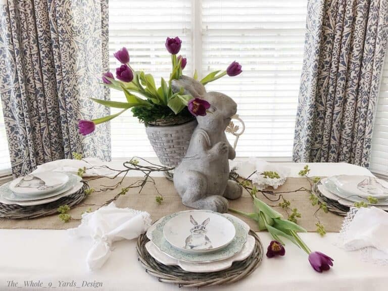 Giant White Rabbit and Purple Tulips Tablescape