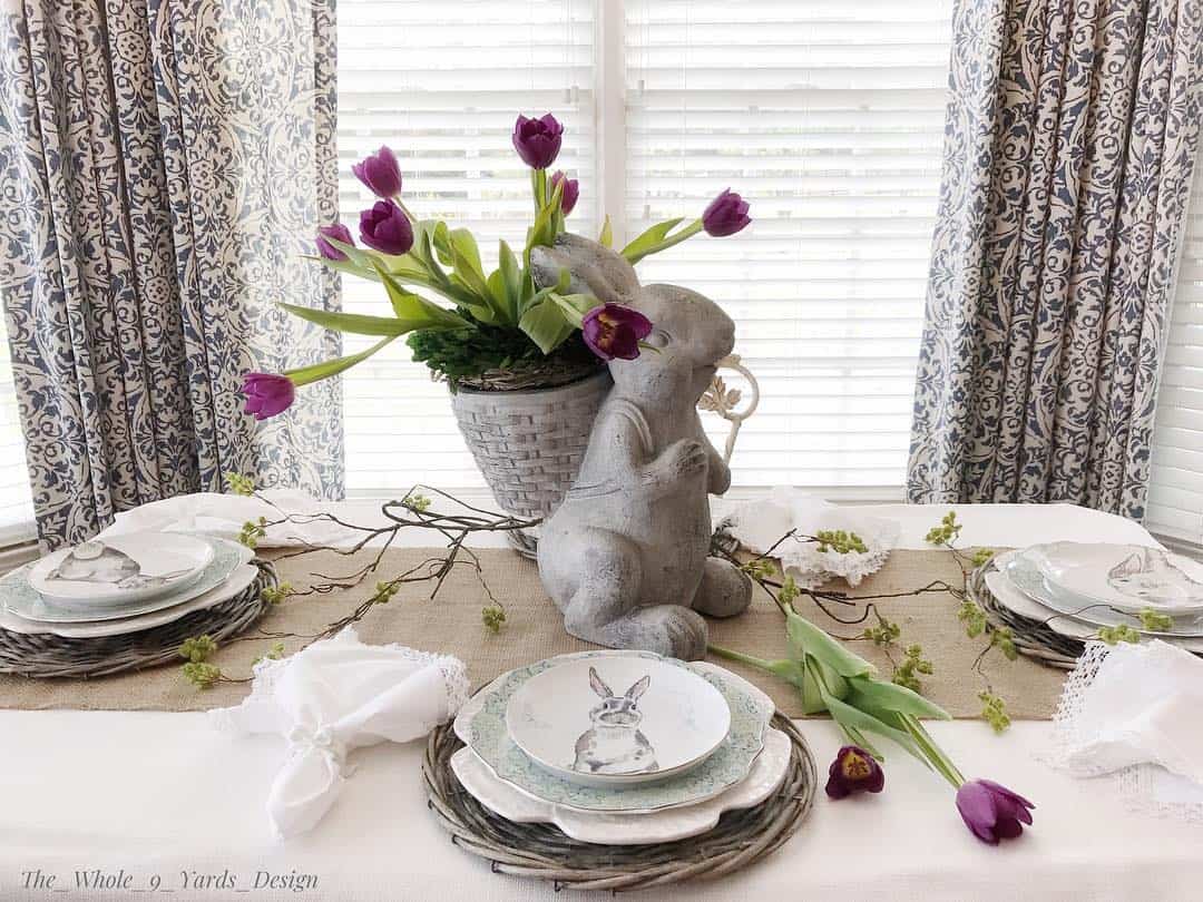 Giant White Rabbit and Purple Tulips Tablescape - Soul & Lane