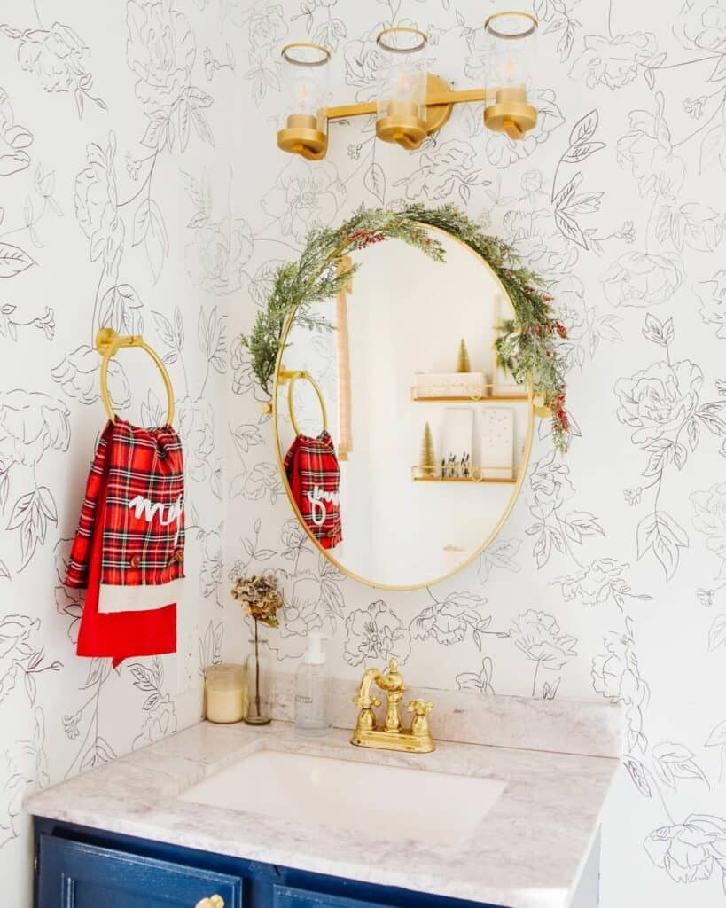 Gold Sconce On Floral Theme Sketch-Style Wallpaper