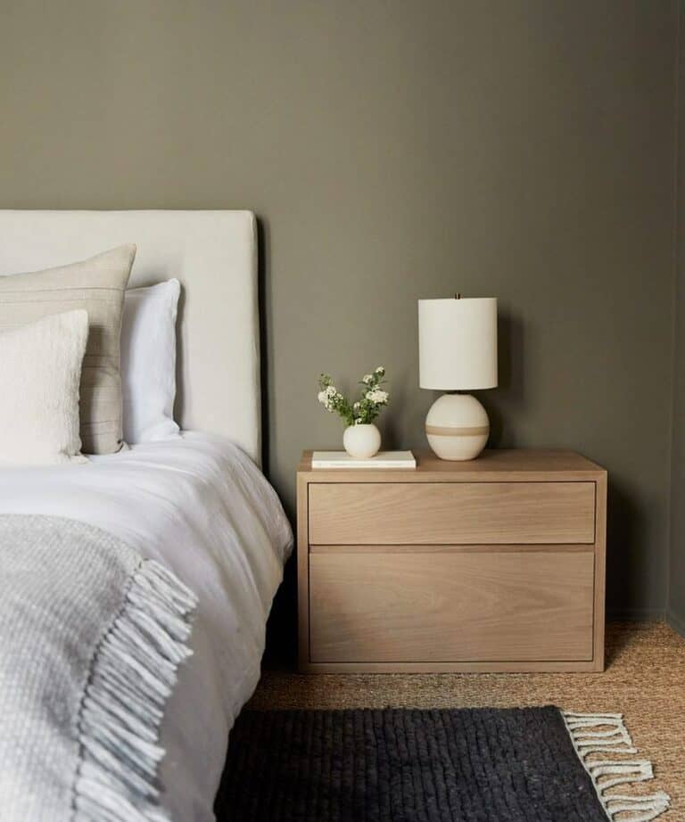 Gray Bedroom Wall and Neutral Nightstand Décor
