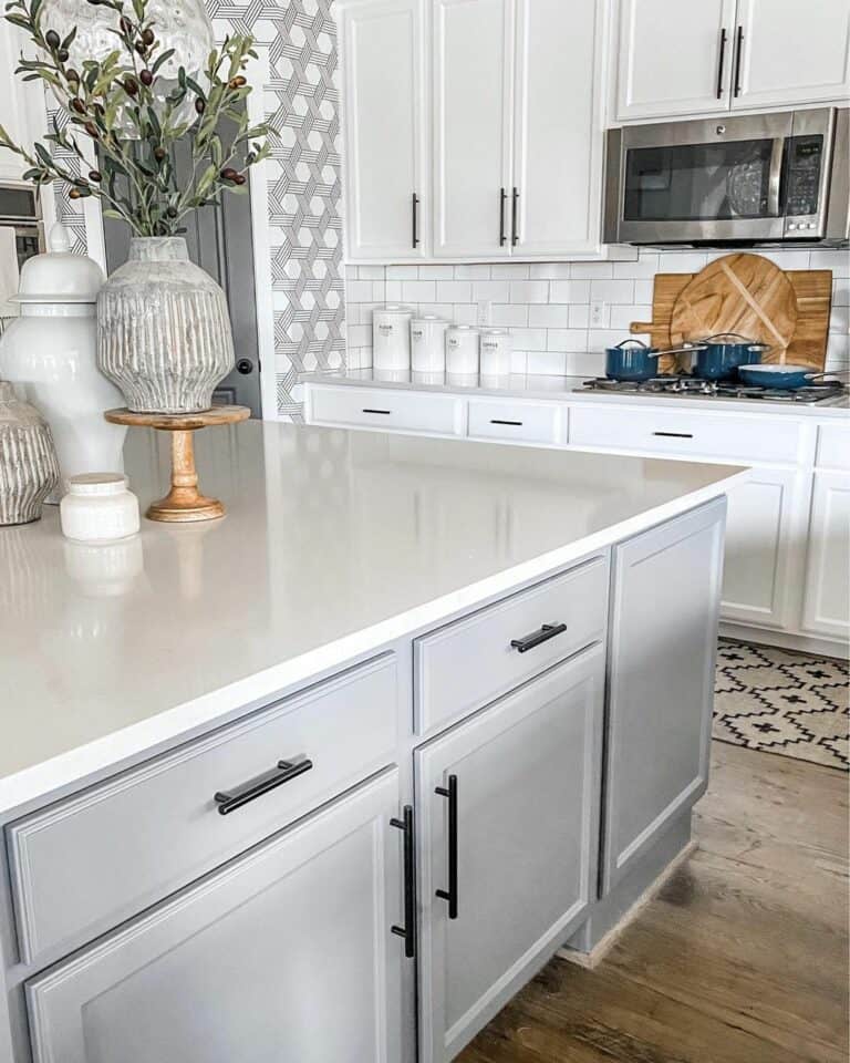 Gray Cabinets and Patterned Wallpaper