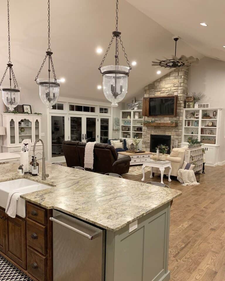Gray Kitchen Island and Stone Fireplace