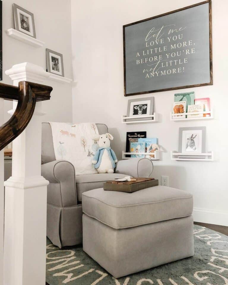 Gray Nursery Chair with Floating Book Shelves