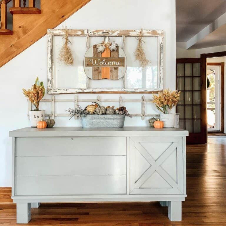 Gray Painted Wood Sideboard with Pumpkin Décor
