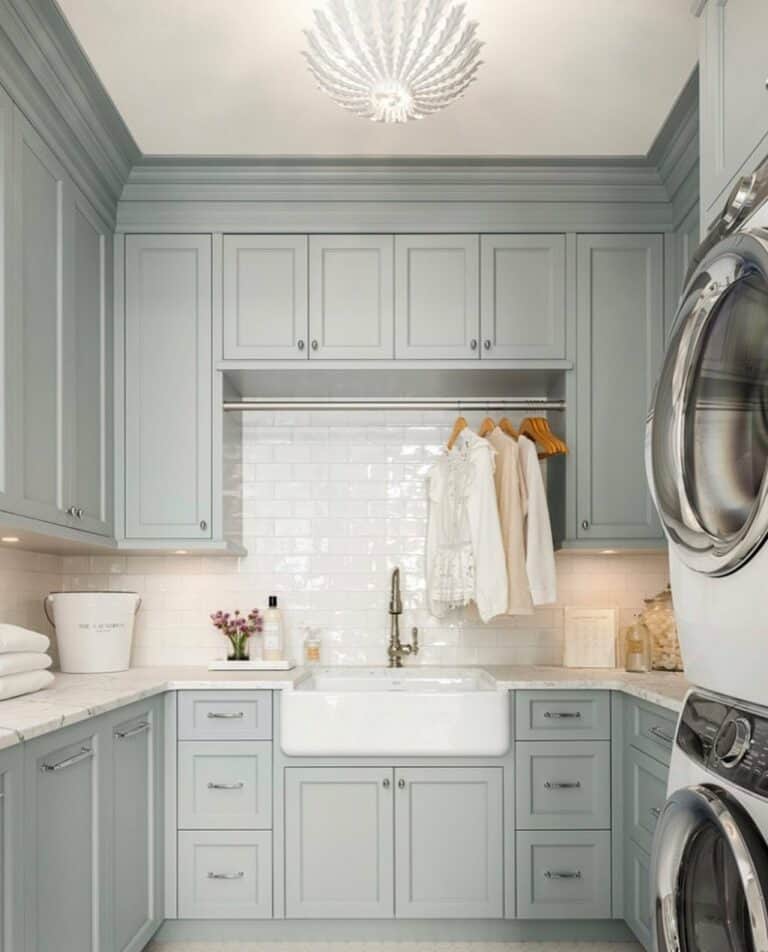 Gray Shaker Cabinets with Laundry Room Backsplash Tile