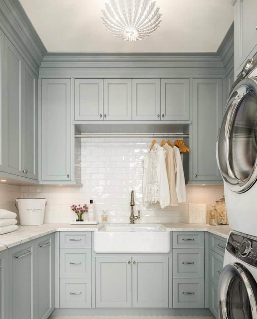 Gray Shaker Cabinets with Laundry Room Backsplash Tile