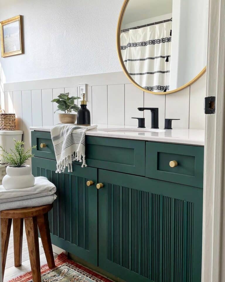 Gray Shiplap Bathroom with Green Fluted Cabinets